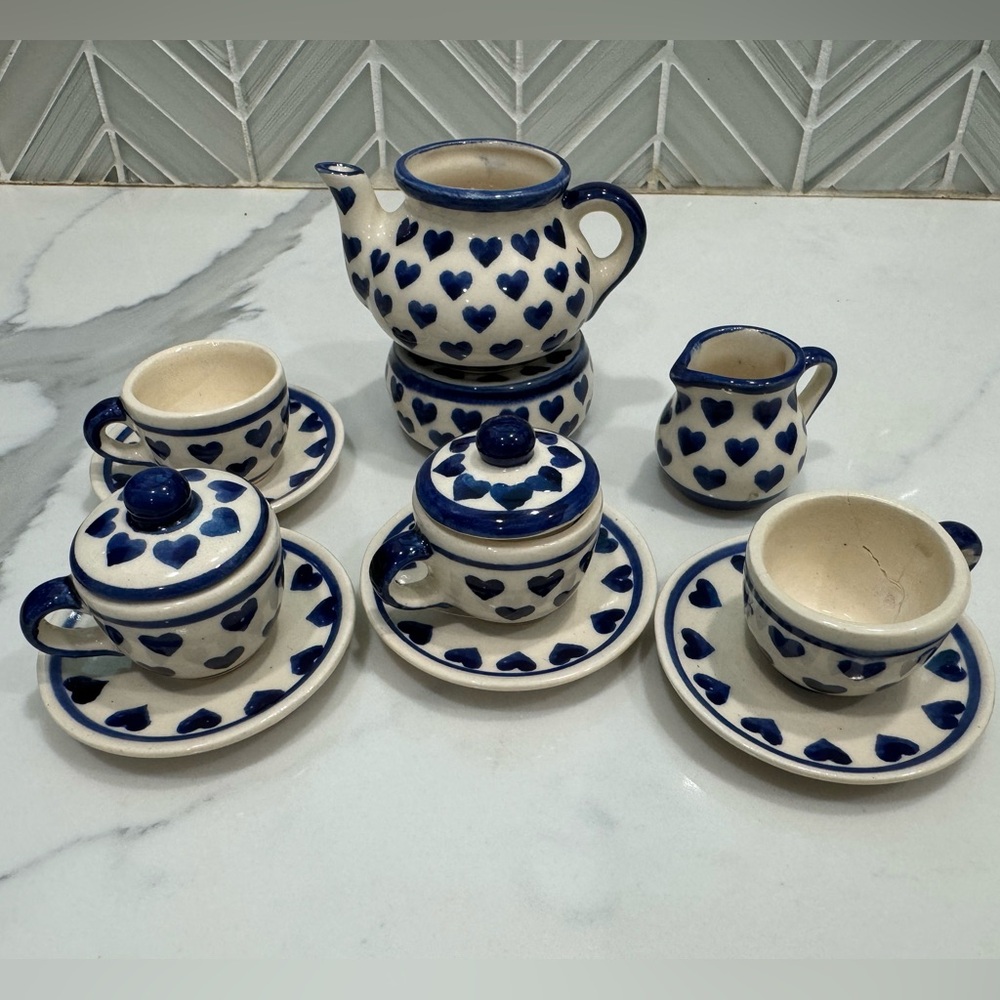 VTG  12 Piece Polish Pottery Miniature Tea Set Children CERGOR NOWOGRODZIEC